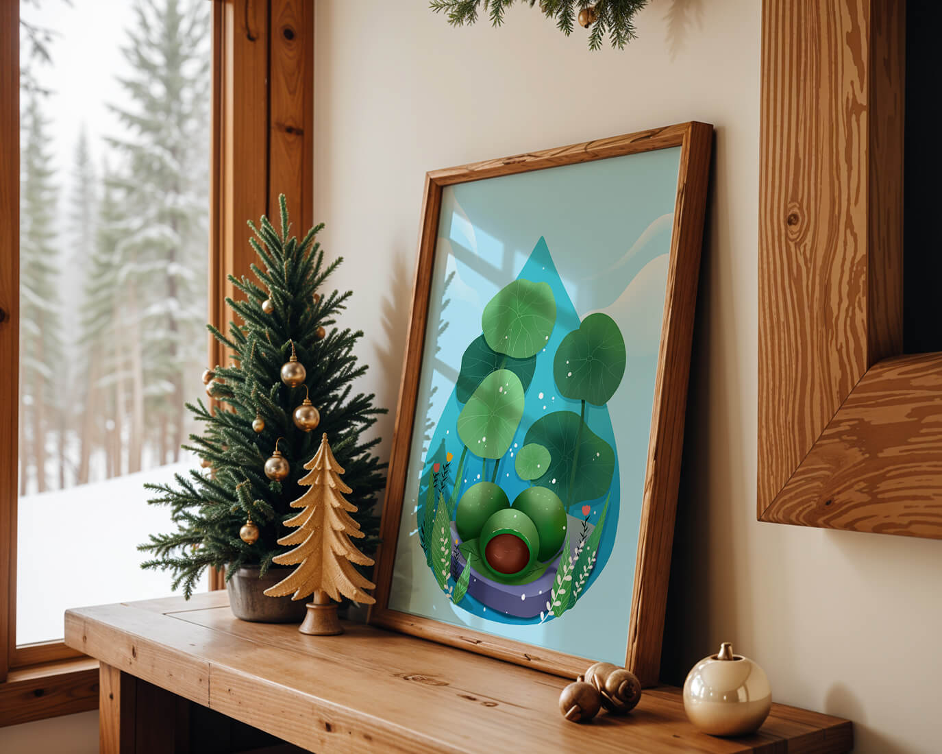 Nature-inspired abstract illustration with leaves and spheres