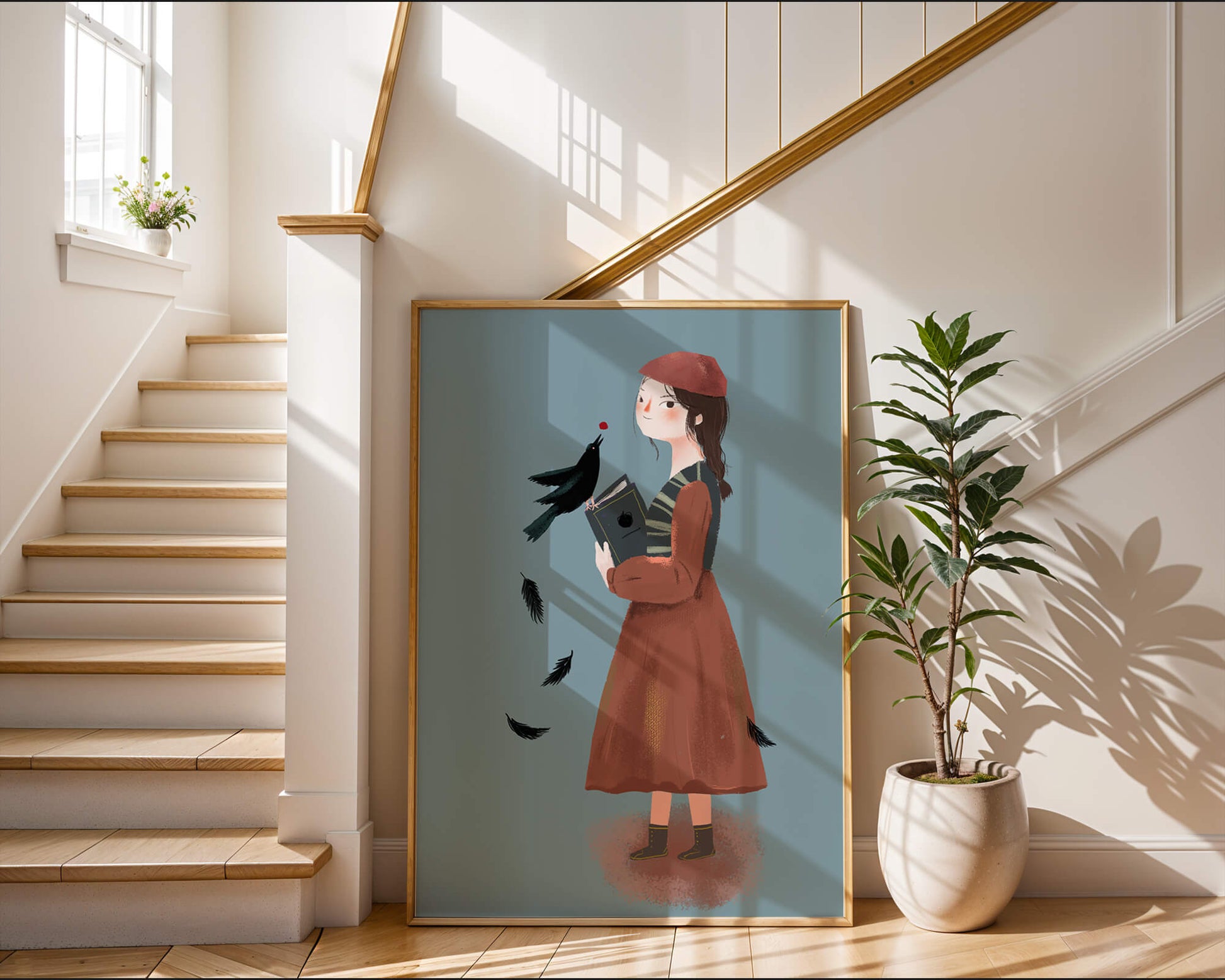 girl in vintage attire with bird and book on blue background