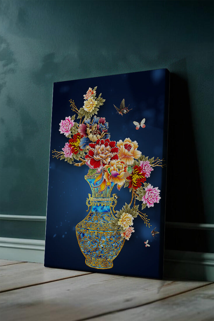 Elegant floral arrangement in ornate gold-accented vase with butterflies