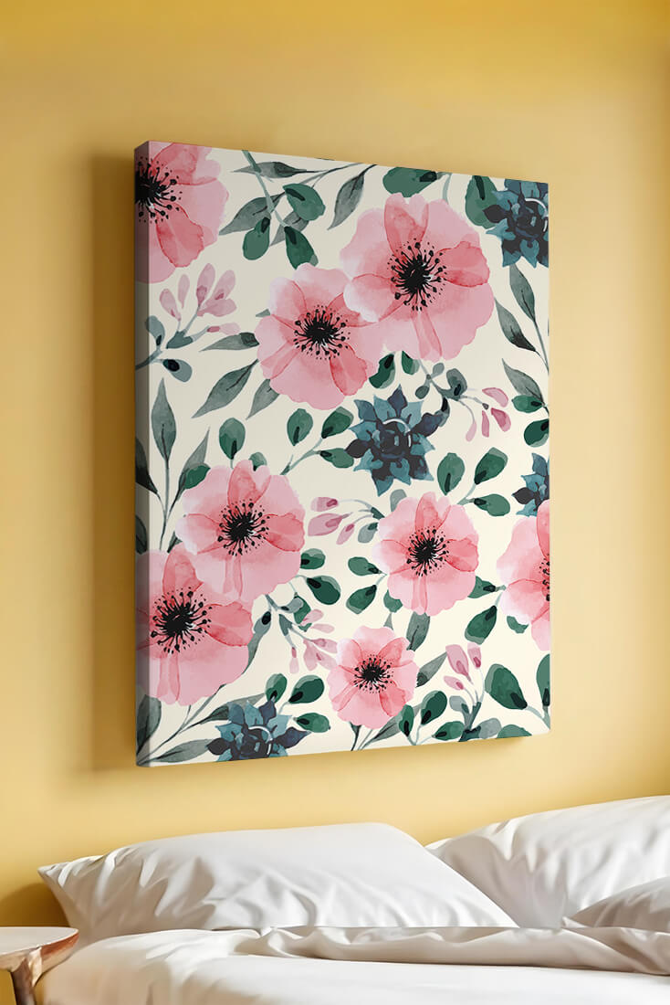 Floral Watercolor Pattern with Pink Flowers and Green Leaves