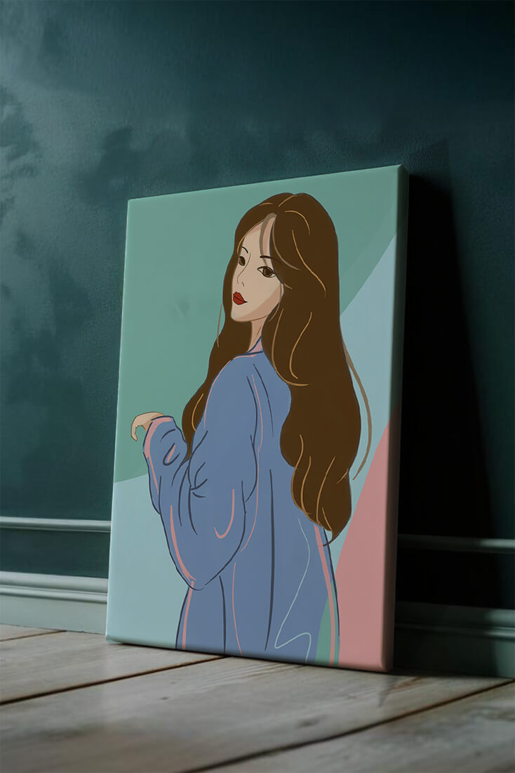 Illustration of woman with long hair and blue jacket