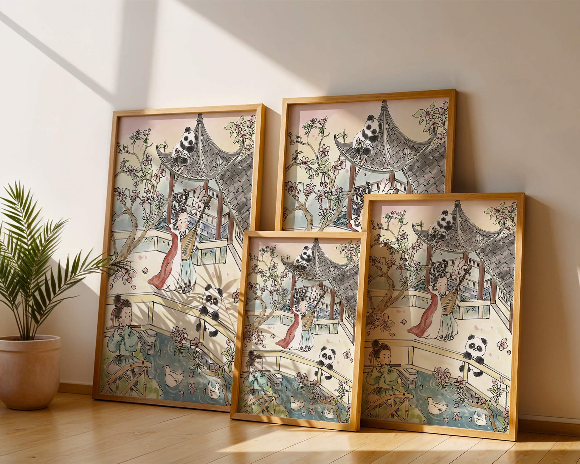 Escena tranquila de jardín asiático con pandas y flores