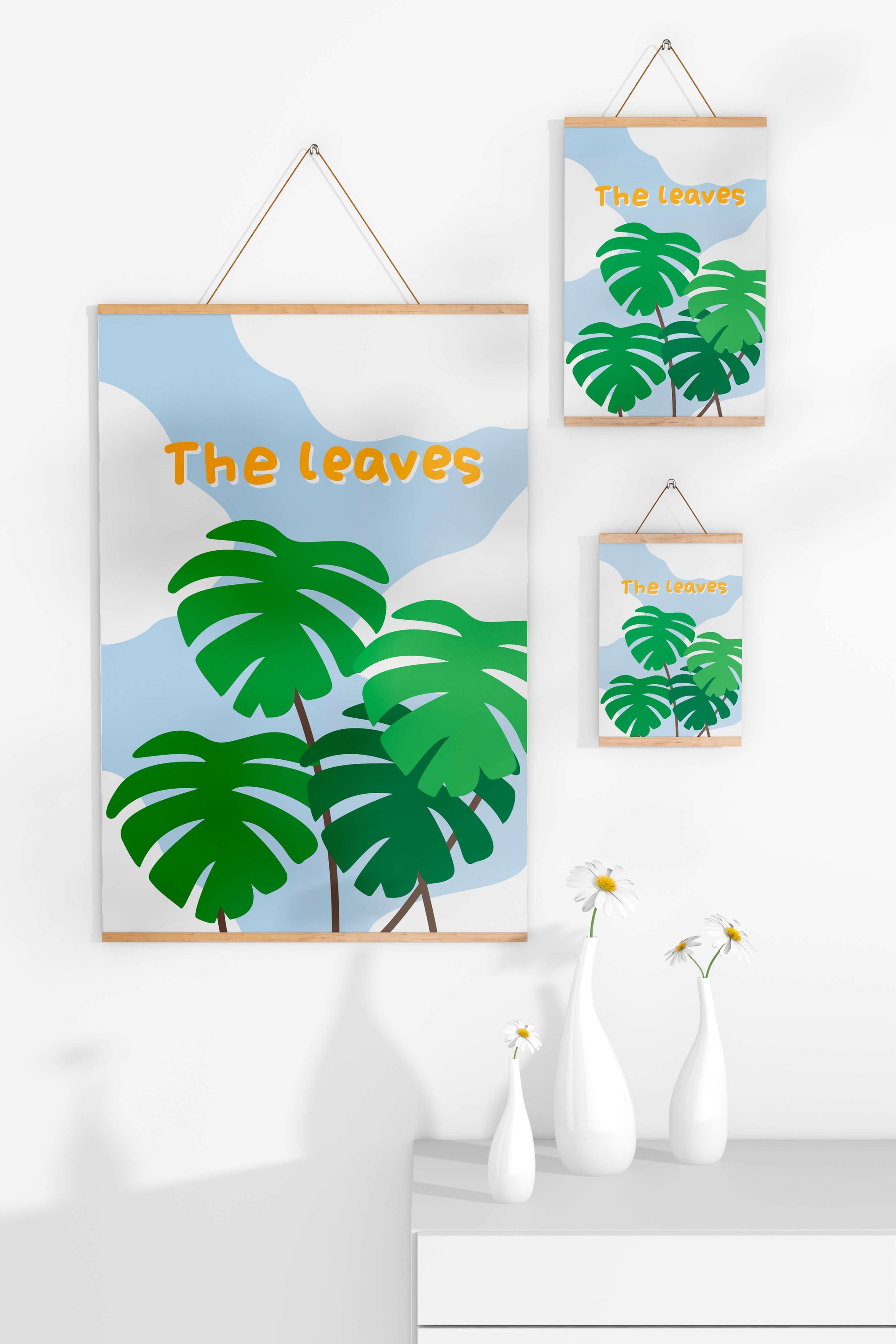 Illustrative tropical leaves with blue sky background for home decor