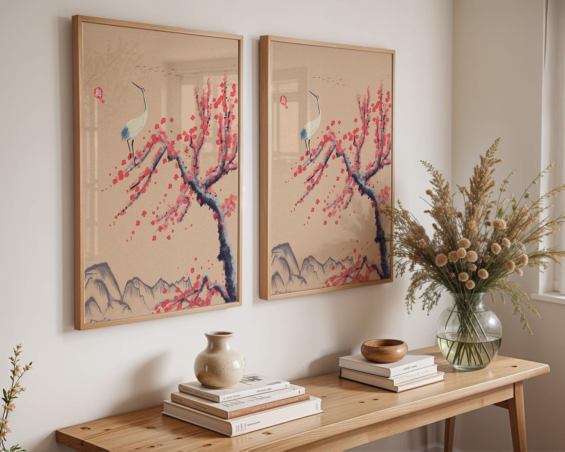 Elegant crane on cherry blossom tree with mountainous background