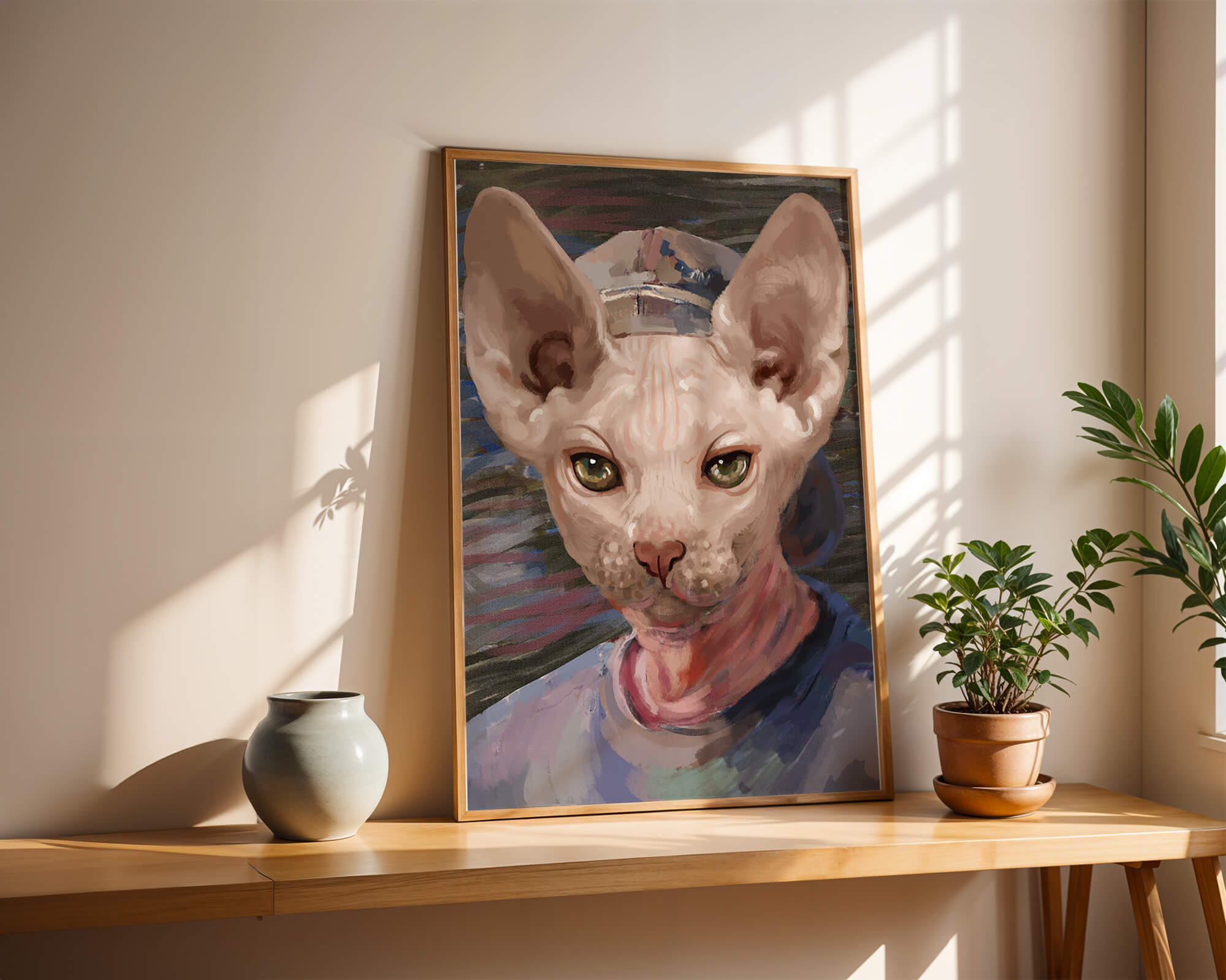 Painted portrait of a sphynx cat wearing a casual cap