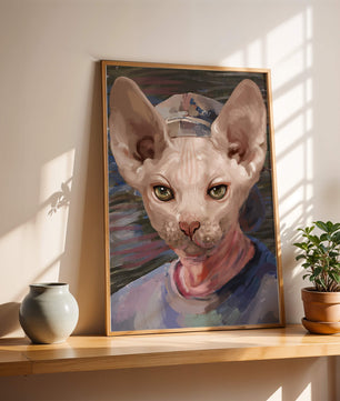Painted portrait of a sphynx cat wearing a casual cap