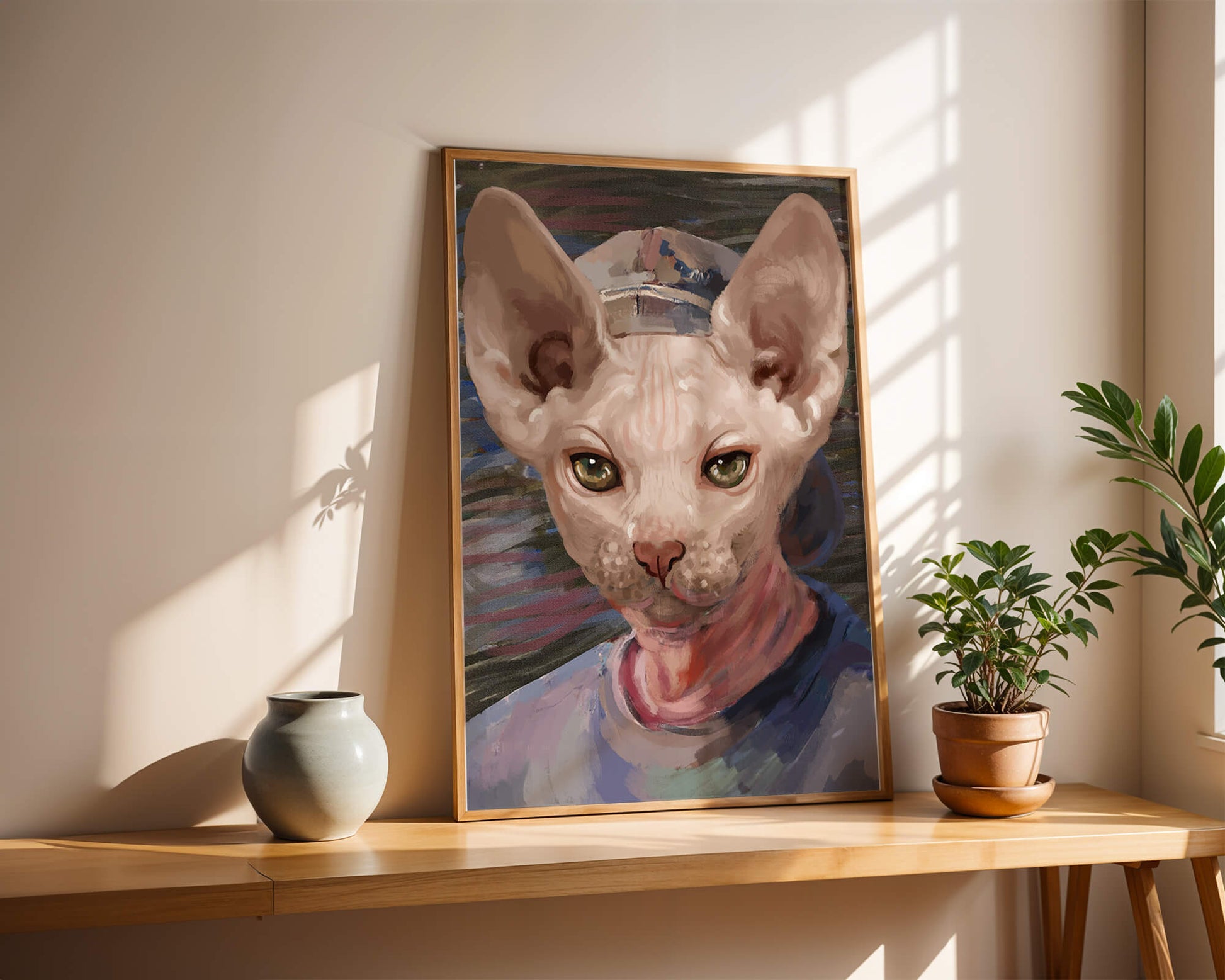Painted portrait of a sphynx cat wearing a casual cap