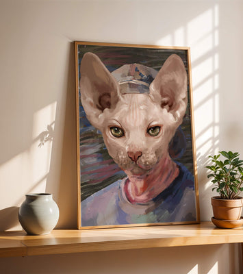 Painted portrait of a sphynx cat wearing a casual cap