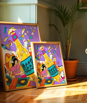 Vibrant Party Scene with DJ and Cartoon Characters