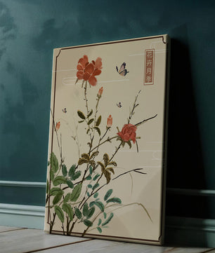 Delicate Floral Art with Red Flowers and Butterflies
