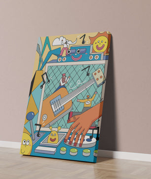 Colorful Cartoon Collage with Musical Elements and Smiling Faces