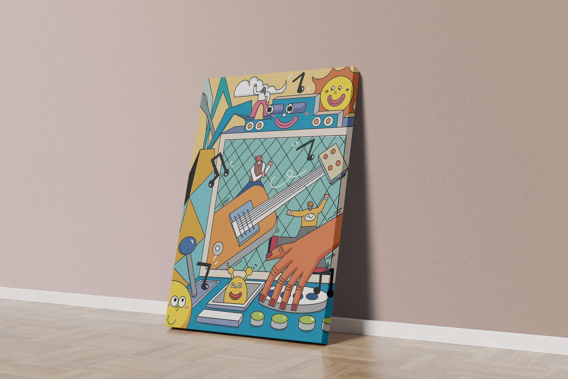 Colorful Cartoon Collage with Musical Elements and Smiling Faces