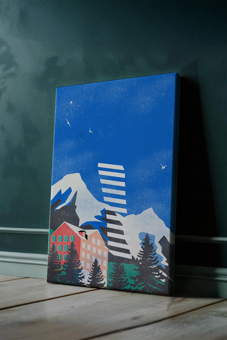 Mountain Resort in a Vibrant Landscape with Blue Sky and Birds