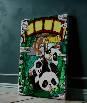 Ilustración de pandas encantadores disfrutando de helado bajo un puente de bambú