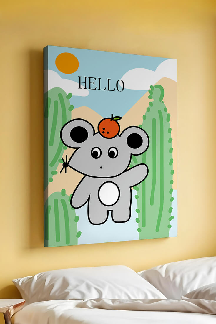 Cute illustration of a mouse with an orange on a sunny background