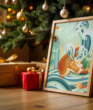 Dragon mythique au milieu de vagues stylisées et de montagnes aux couleurs vives