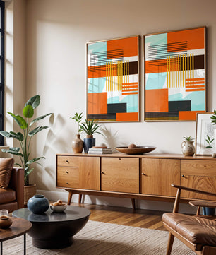 Abstract Geometric Composition with Gold and Orange Elements - Mi tienda
