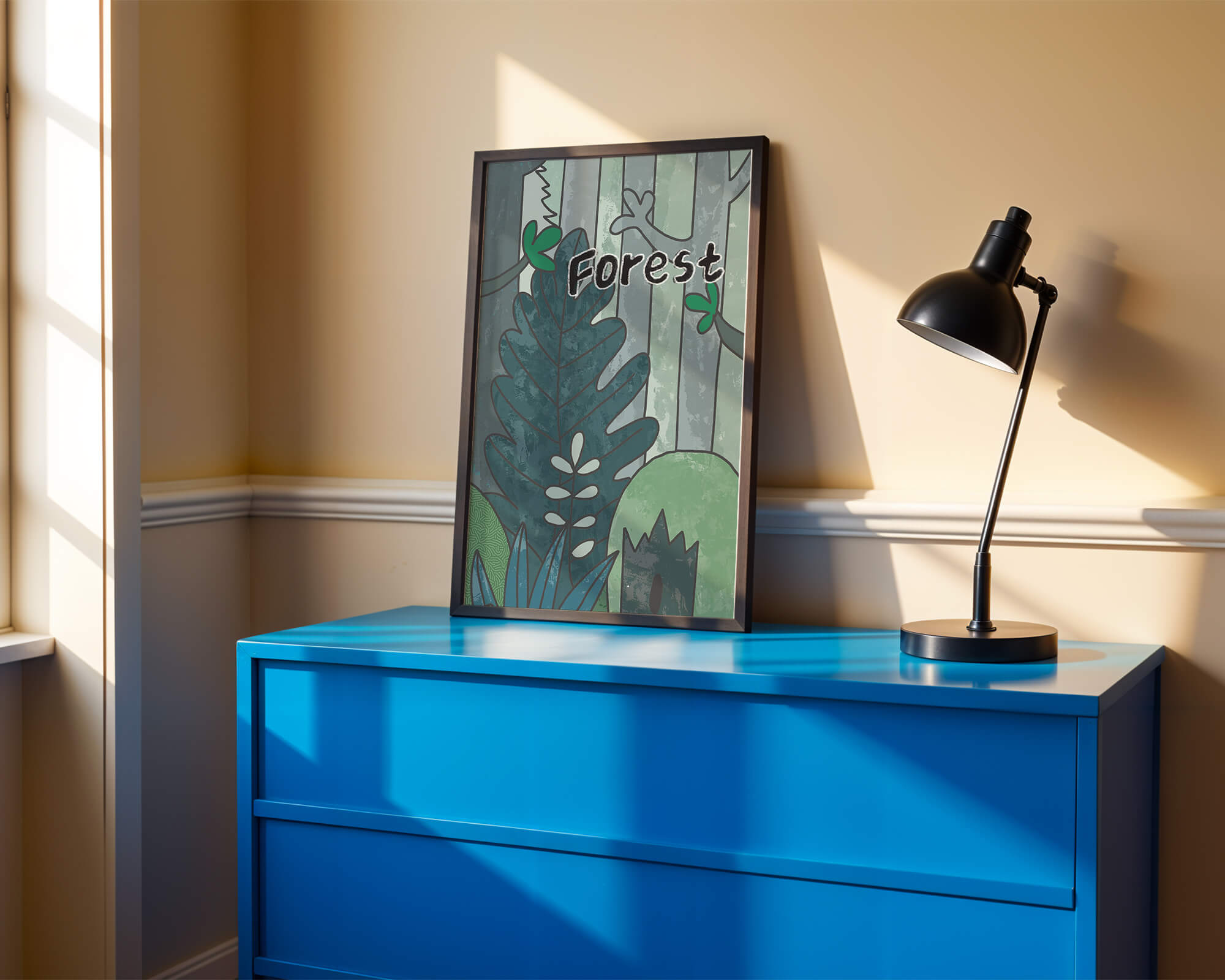 Illustrated forest scene with foliage and text