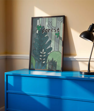 Illustrated forest scene with foliage and text