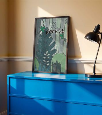 Illustrated forest scene with foliage and text