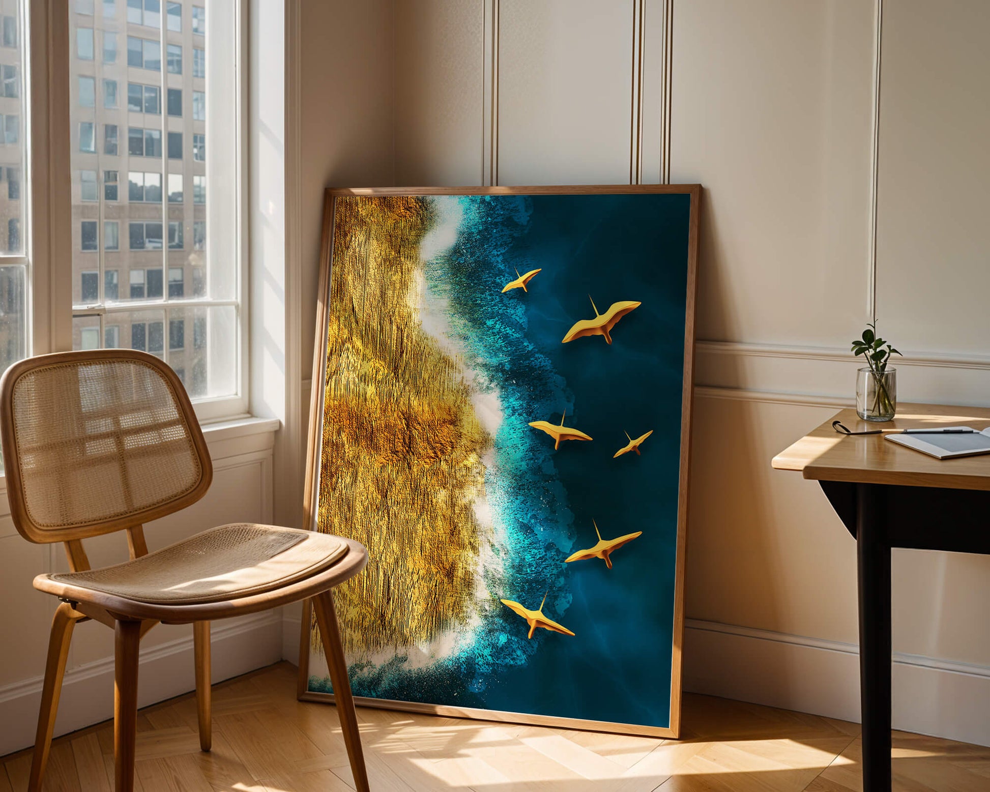 Golden beach landscape with vibrant ocean and flying seabirds