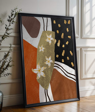 Abstract floral artwork with gold accents and earthy tones