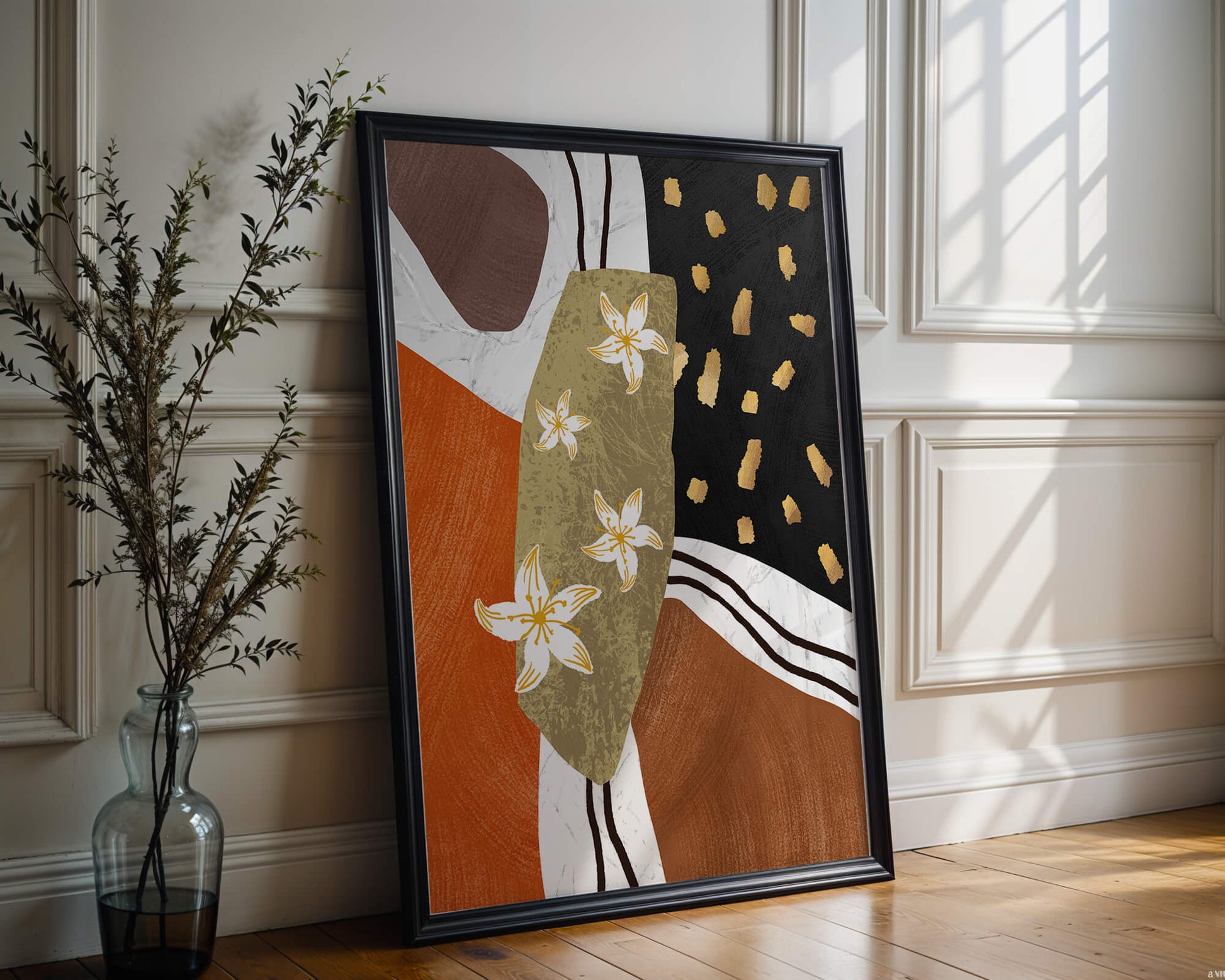Abstract floral artwork with gold accents and earthy tones