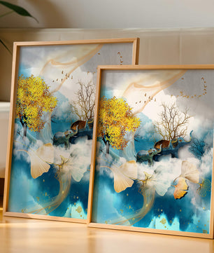 Surreal Nature Scene with Elephants and Golden Leaves