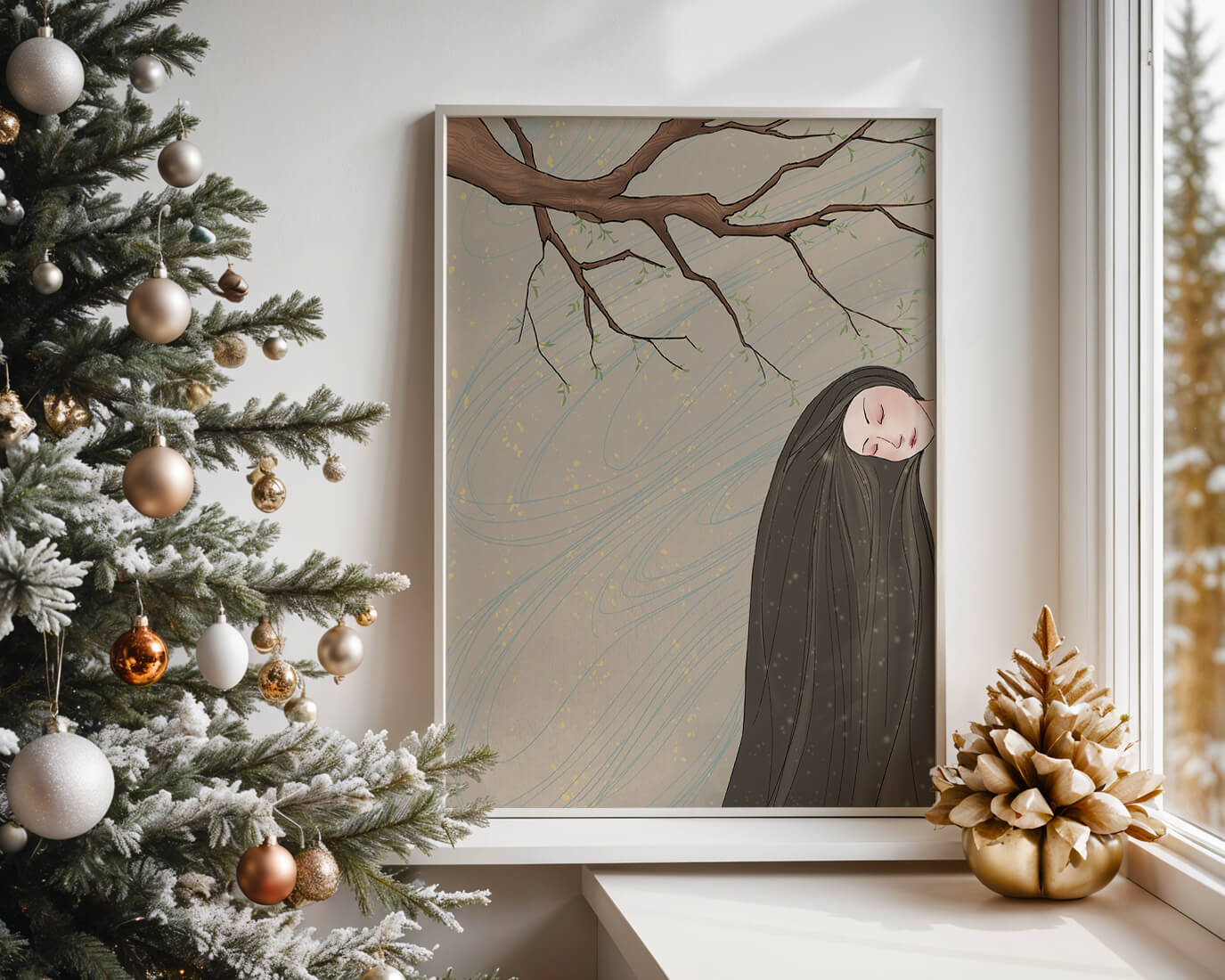 Serene illustration of a woman intertwined with nature and flowing designs