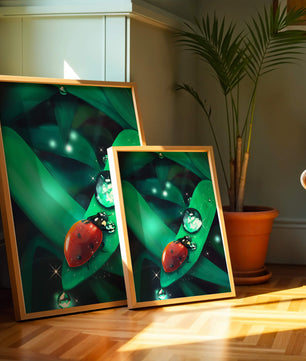 Ladybug on a Leaf with Dew Drops in a Vibrant Nature Scene - Mi tienda