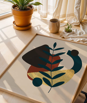 Abstract Botanical Composition with Geometric Shapes and Gold Accent - Mi tienda