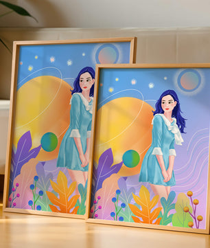 Ilustración de fantasía de una mujer en un jardín cósmico con colores vibrantes
