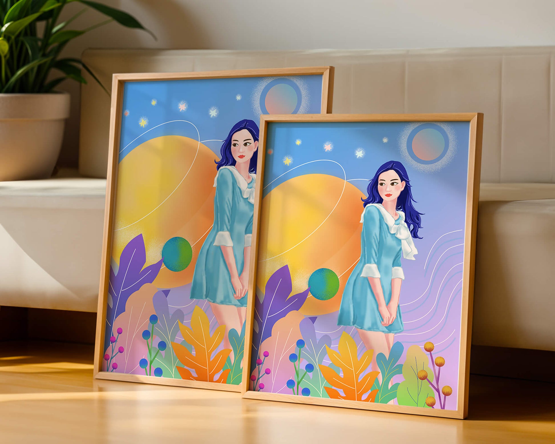 Ilustración de fantasía de una mujer en un jardín cósmico con colores vibrantes