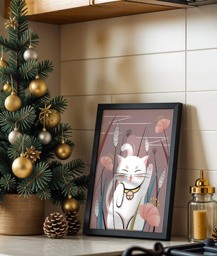 Ilustración de un gato maneki-neko en un entorno de jardín floral