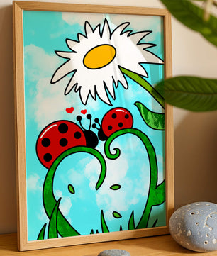 Mariquitas enamoradas bajo una margarita en un cielo brillante