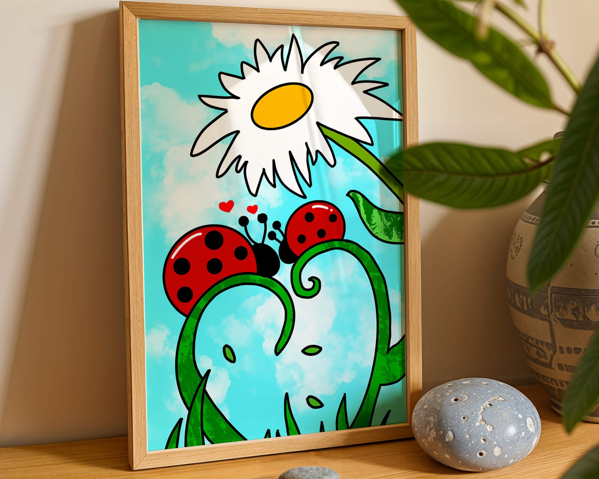 Ladybugs in love beneath a daisy on a bright sky