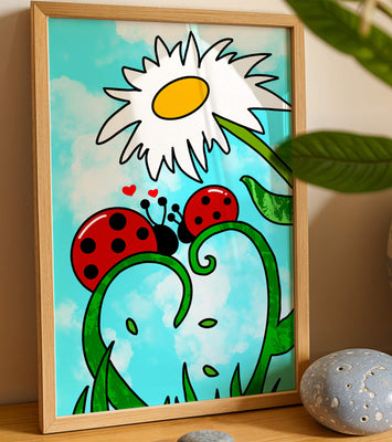 Ladybugs in love beneath a daisy on a bright sky