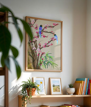 Illustration sereine d’oiseaux sur des branches en fleurs avec des feuilles de bambou