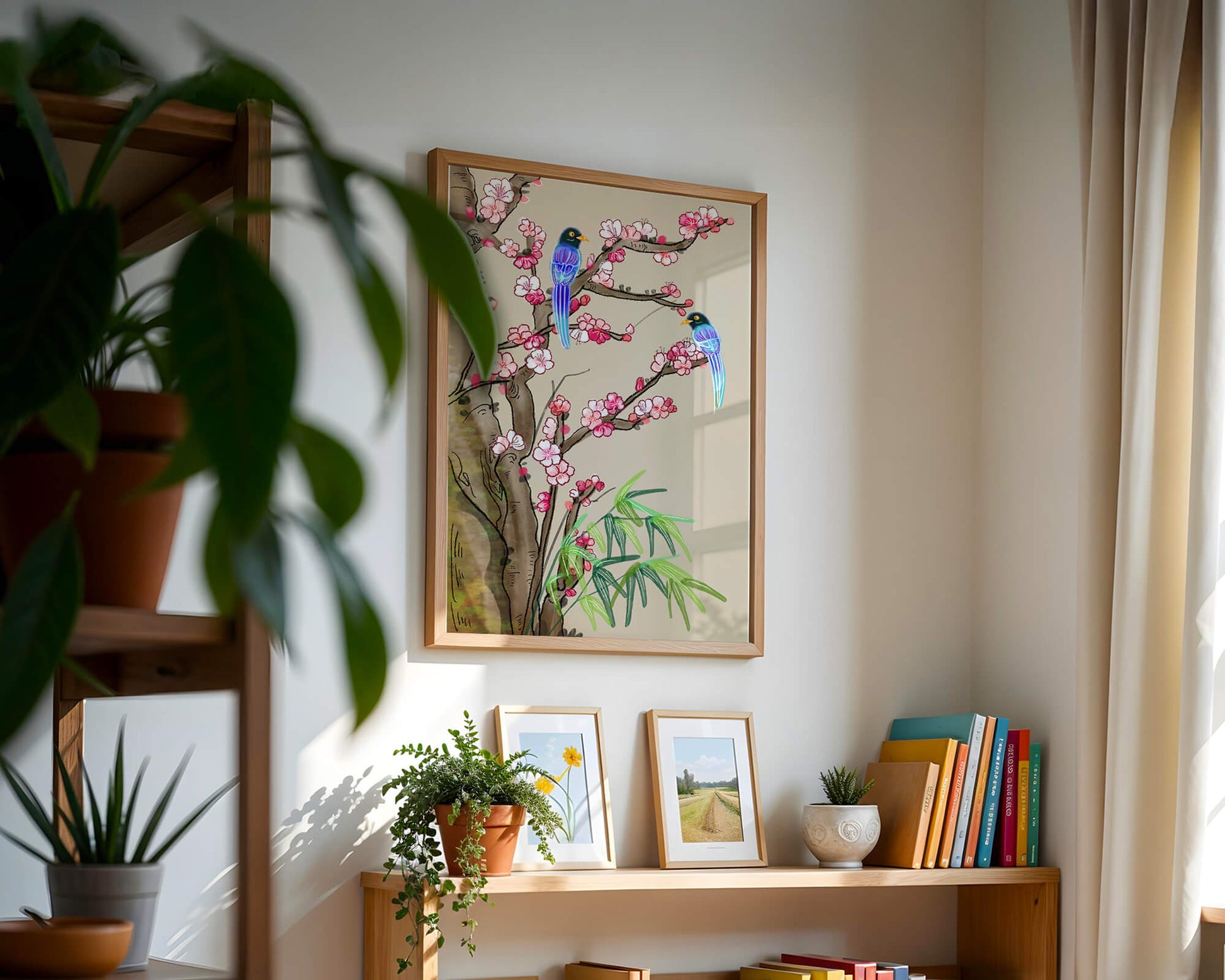 Illustration sereine d’oiseaux sur des branches en fleurs avec des feuilles de bambou