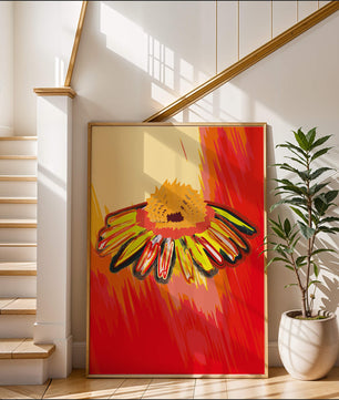 Abstract vibrant flower illustration with bold colors and dynamic strokes