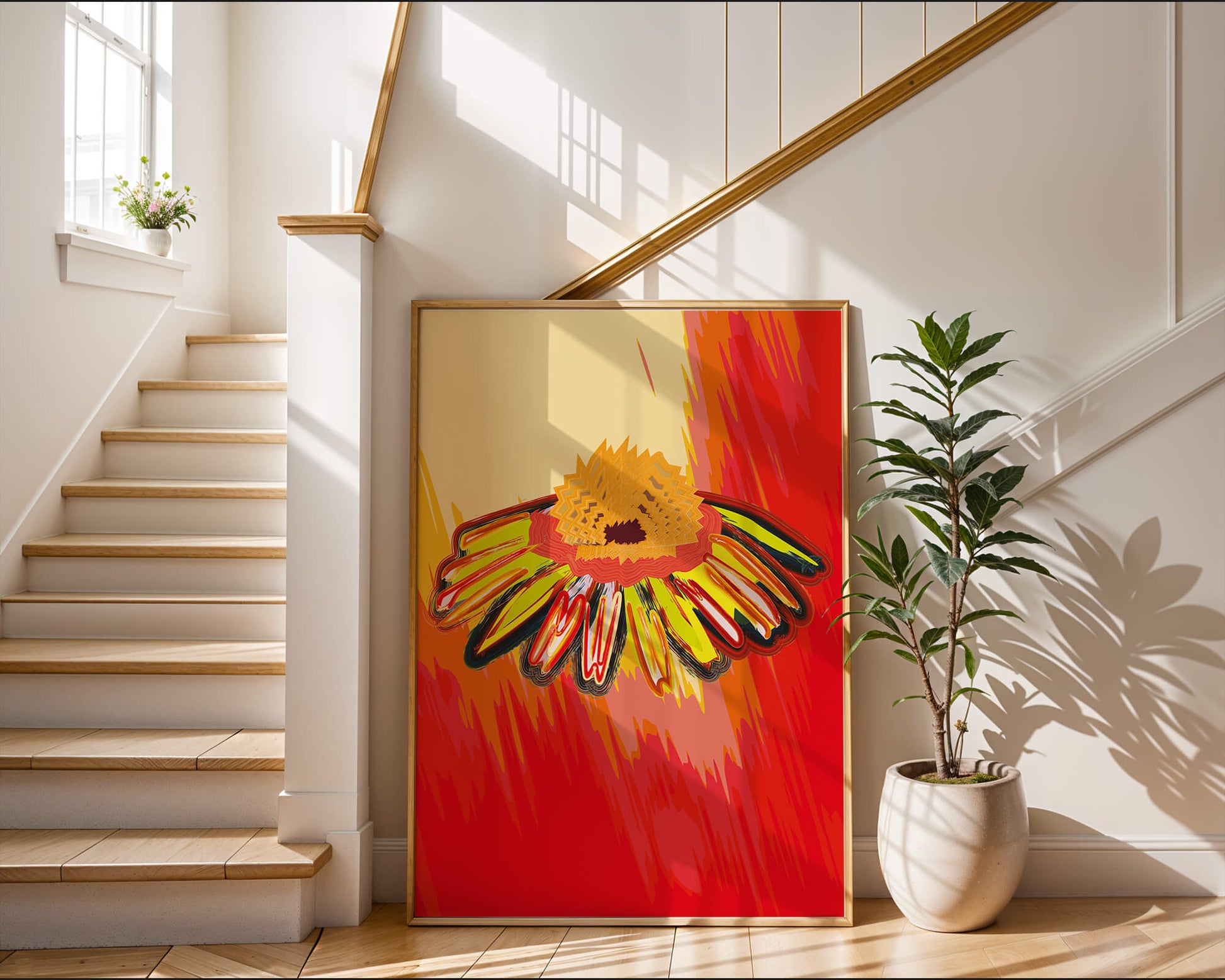 Abstract vibrant flower illustration with bold colors and dynamic strokes