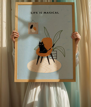 Charming Cat Relaxing on a Chair with Inspirational Quote and Art