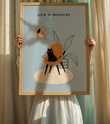 Charming Cat Relaxing on a Chair with Inspirational Quote and Art