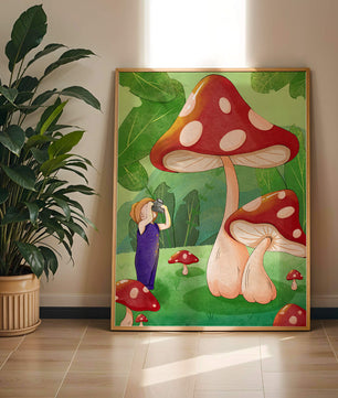 Playful illustration of a child with oversized mushrooms in a whimsical forest setting