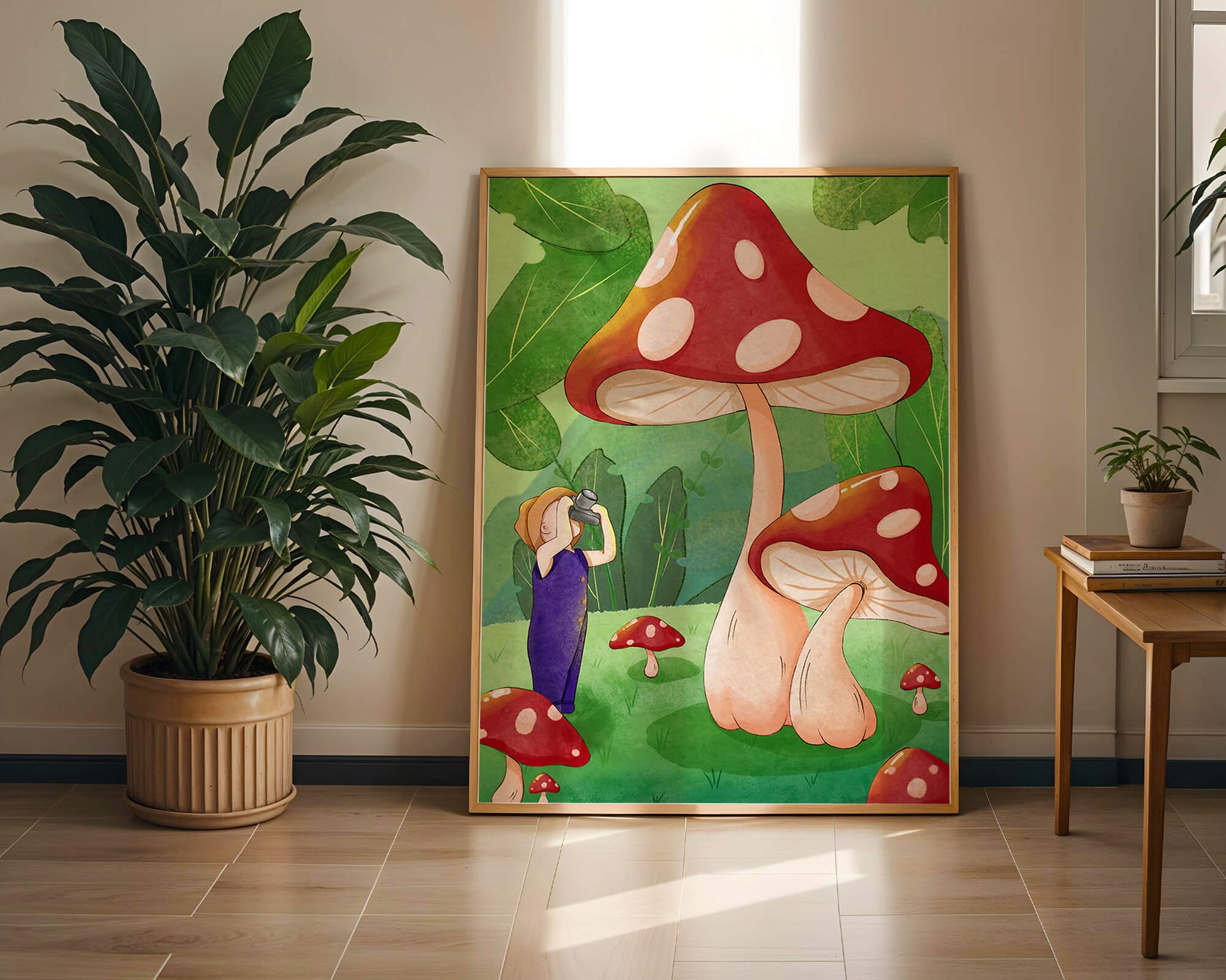 Playful illustration of a child with oversized mushrooms in a whimsical forest setting
