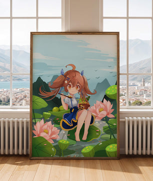 Chica de anime sentada en hojas de lirio con montañas al fondo