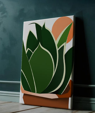 Ilustración contemporánea de una planta serpiente con fondo de amanecer