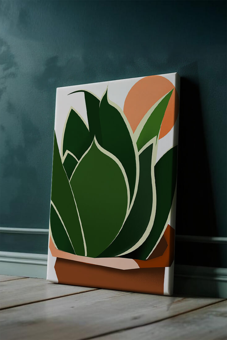 Ilustración contemporánea de una planta serpiente con fondo de amanecer