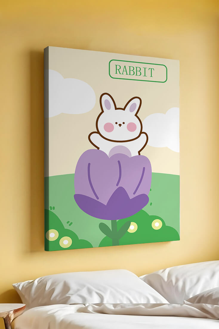 Ilustración caprichosa de un conejo adorable en una flor con colores pastel