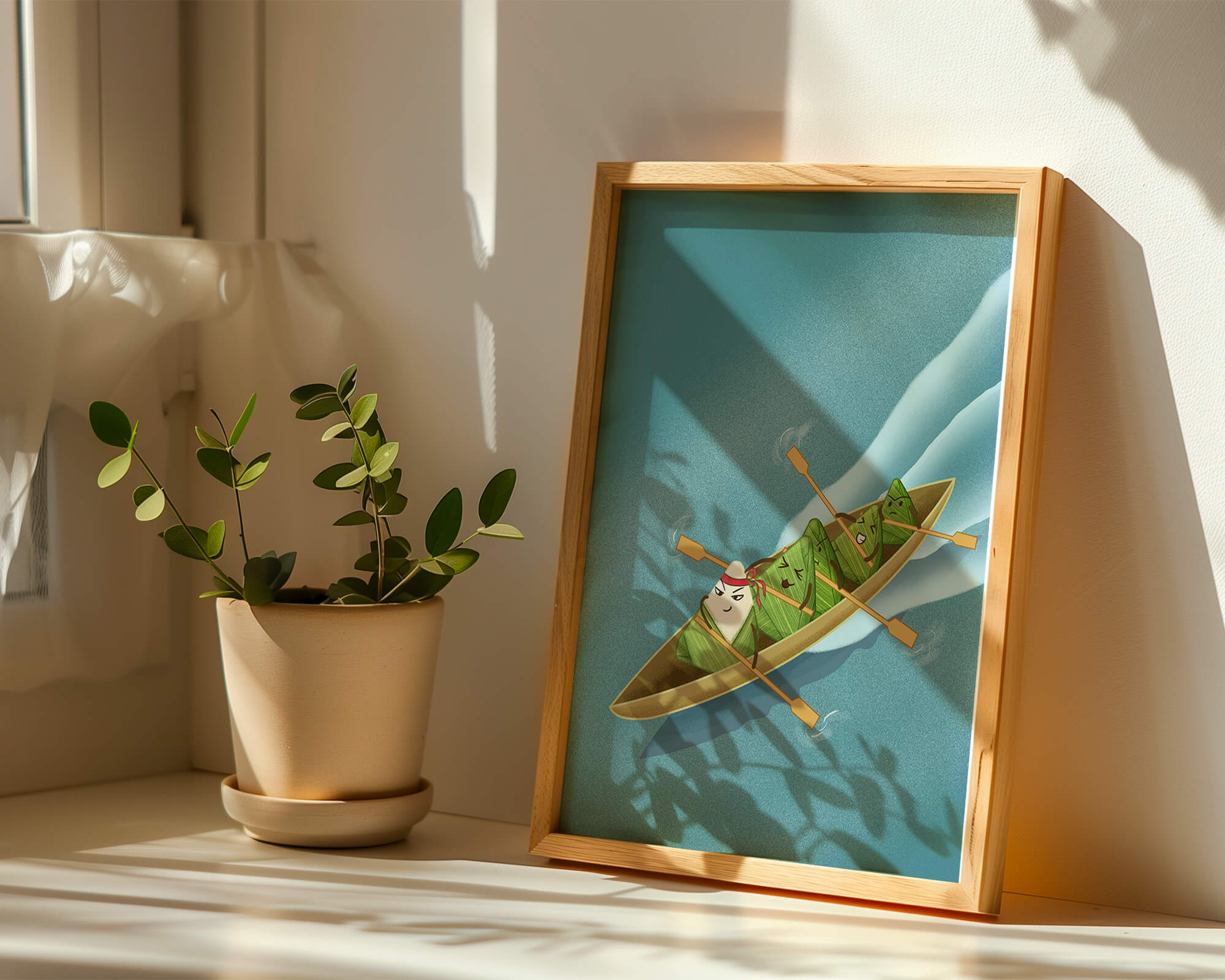 Charming illustration of rice dumplings rowing a boat with expressions
